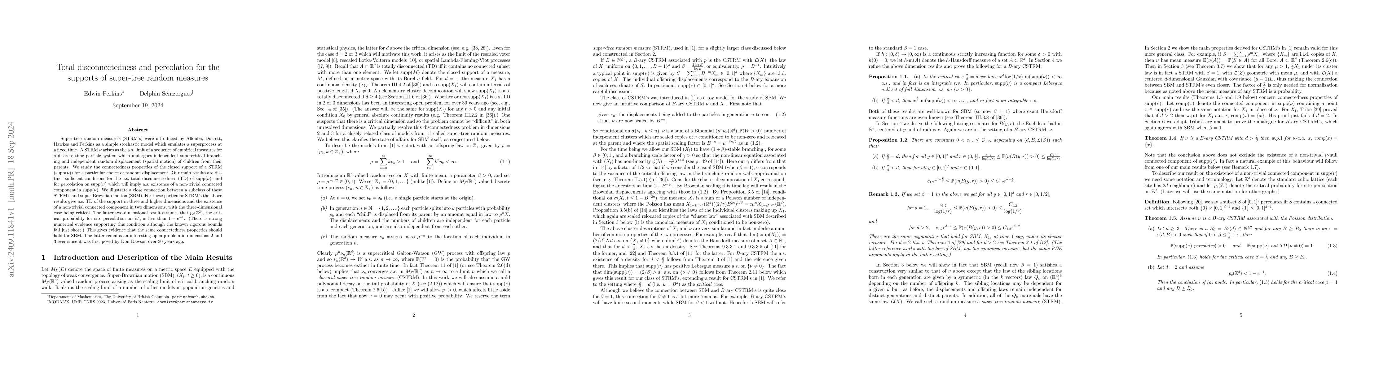 Thumbnail for Total disconnectedness and percolation for the supports of super-tree
  random measures