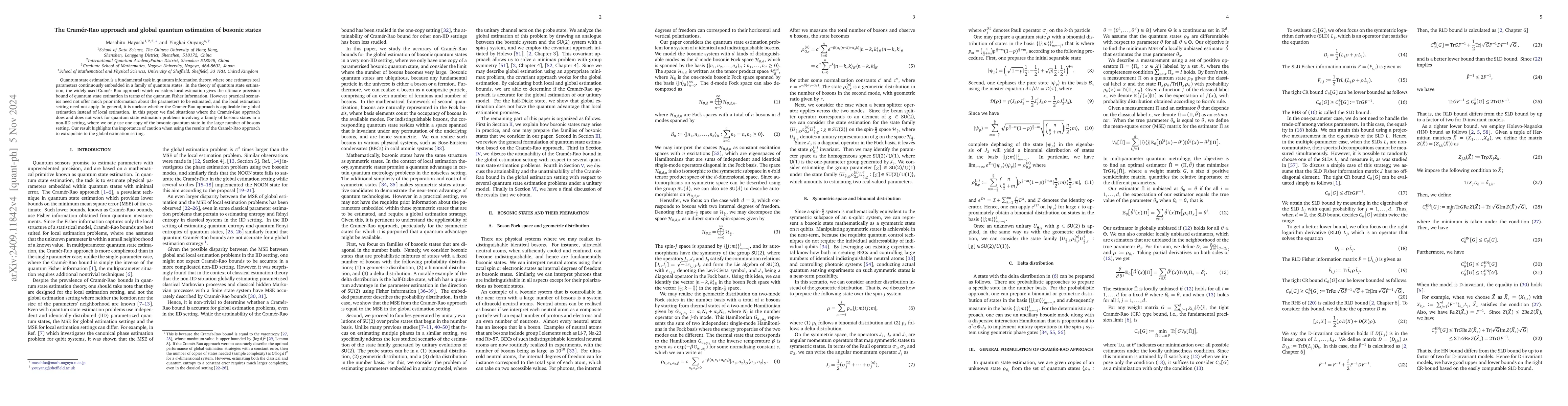 Thumbnail for The Cramér-Rao approach and global quantum estimation of bosonic
  states