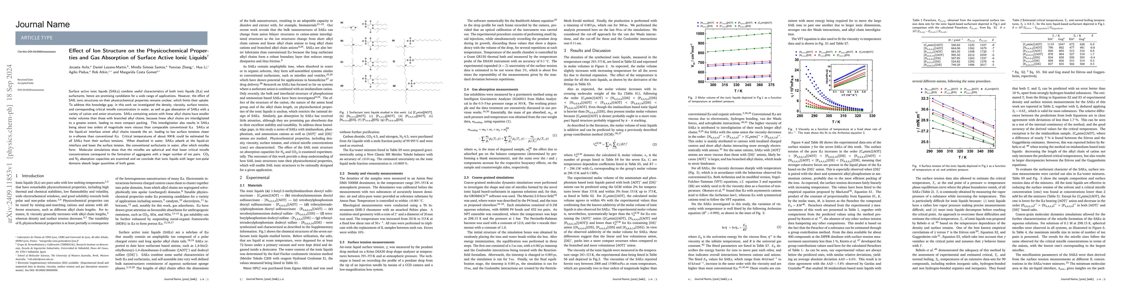 Thumbnail for Effect of ion structure on the physicochemical properties and gas
  absorption of surface active ionic liquids