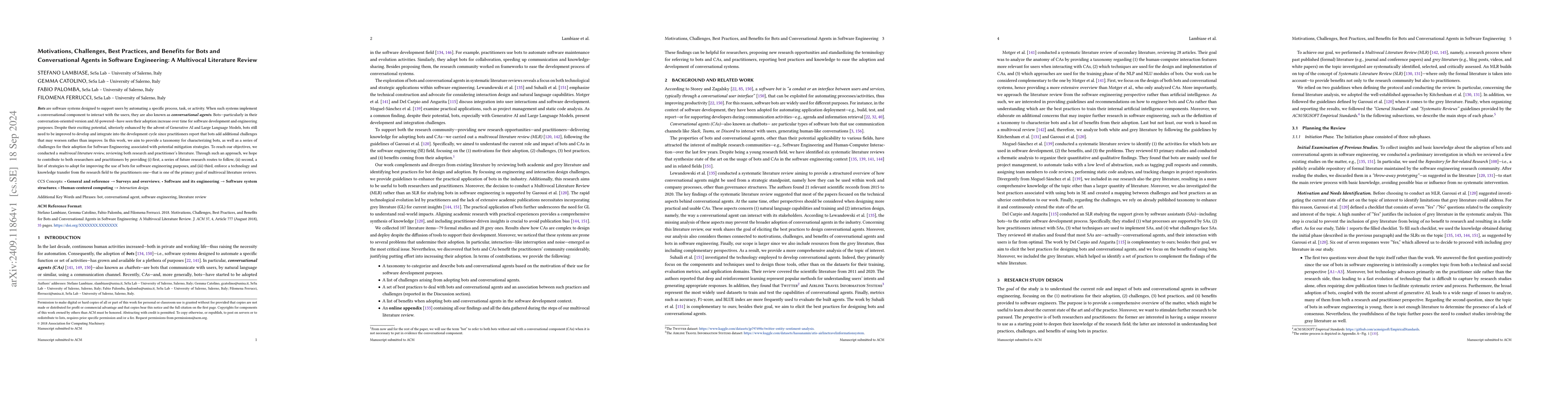 Thumbnail for Motivations, Challenges, Best Practices, and Benefits for Bots and
  Conversational Agents in Software Engineering: A Multivocal Literature Review