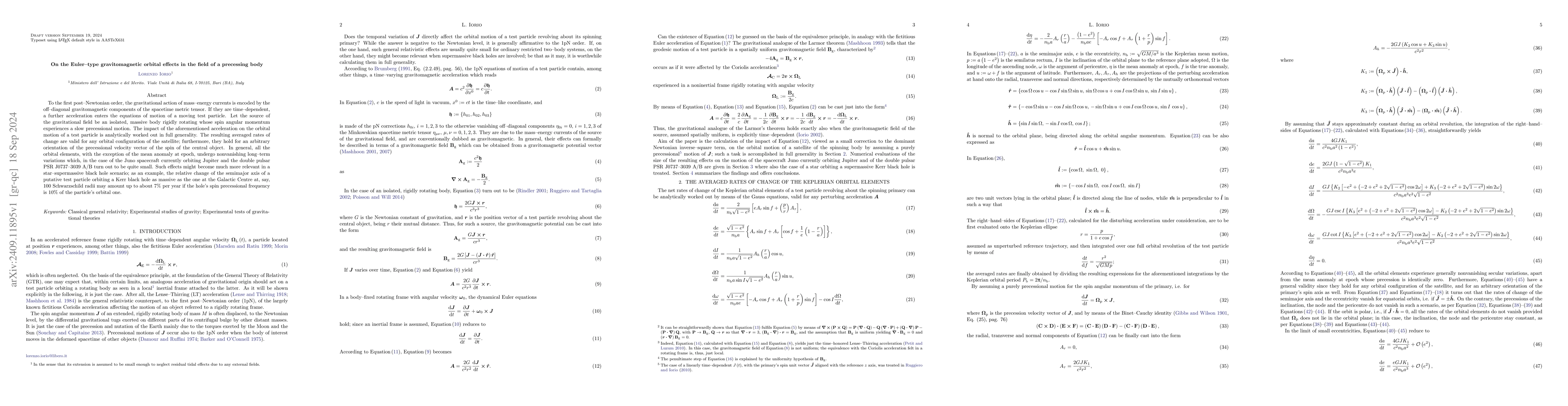 Thumbnail for On the Euler-type gravitomagnetic orbital effects in the field of a
  precessing body