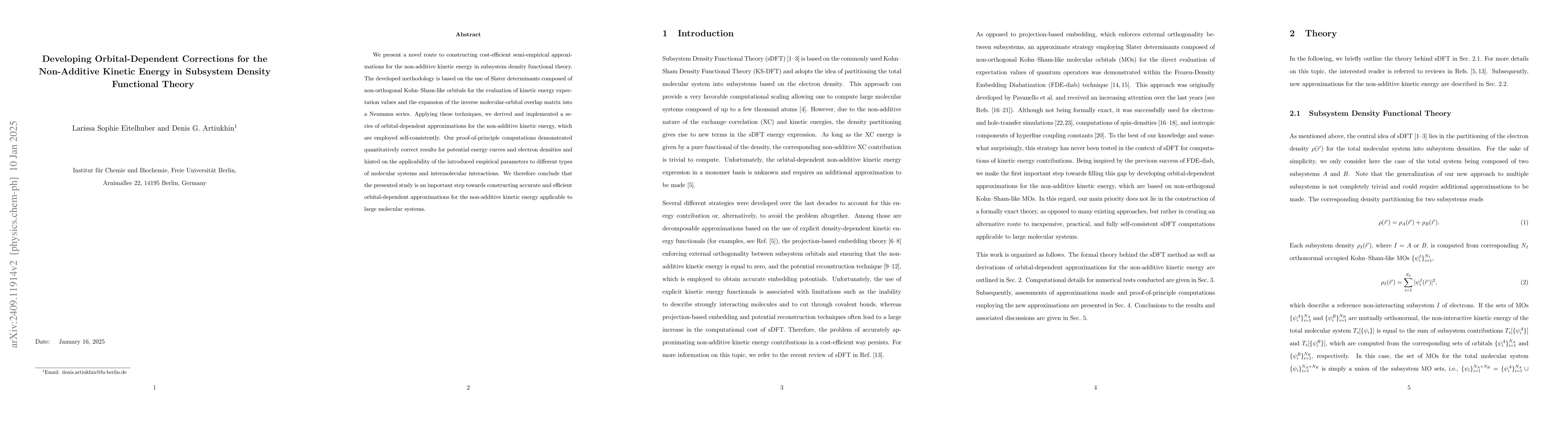 Thumbnail for Developing Orbital-Dependent Corrections for the Non-Additive Kinetic
  Energy in Subsystem Density Functional Theory