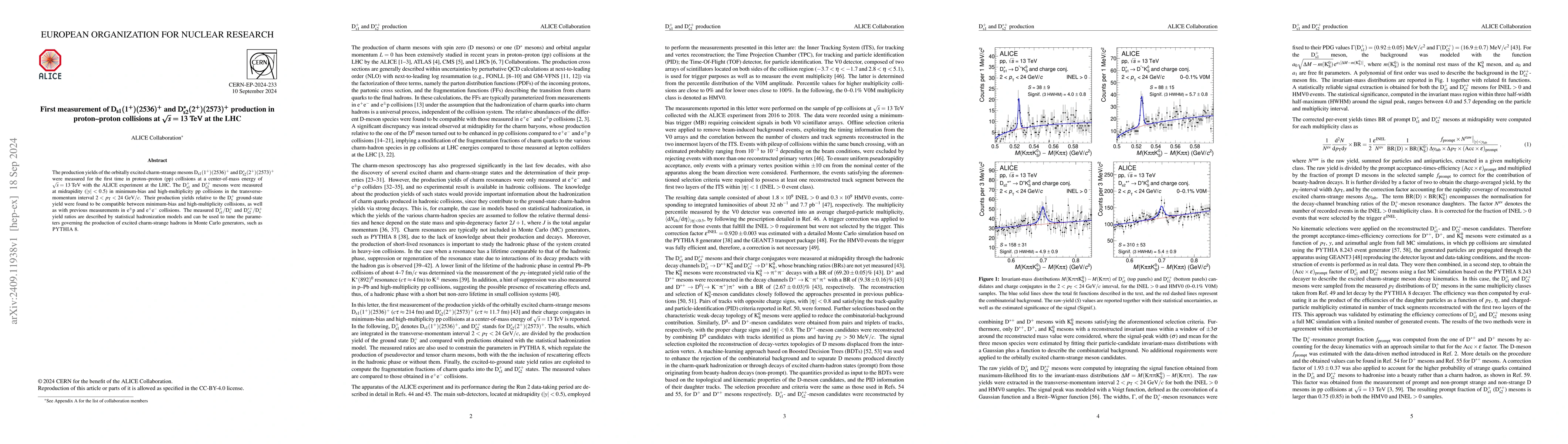 Thumbnail for First measurement of $\mathrm{D_{s1}}(1^{+})(2536)^+$ and
  $\mathrm{D_{s2}^{*}(2^{+})(2573)^+}$ production in proton--proton collisions
  at $\sqrt{s} = 13$ TeV at the LHC