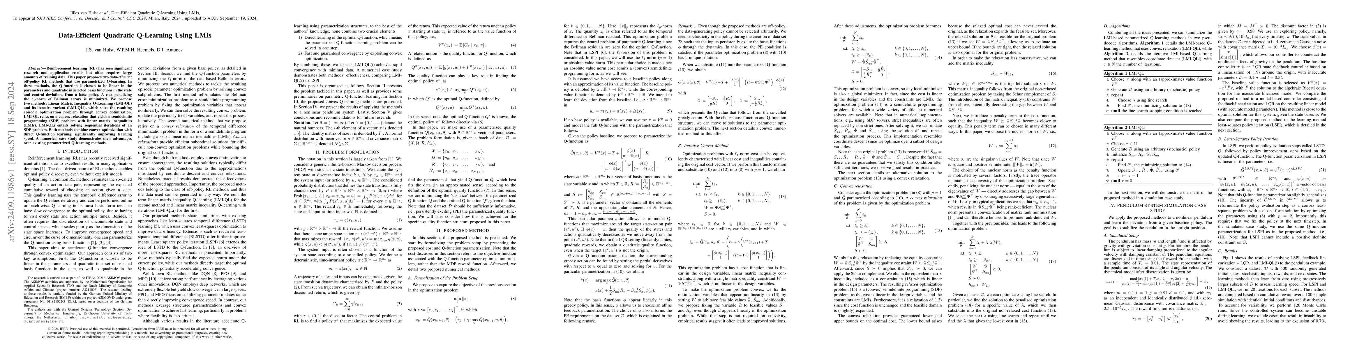 Thumbnail for Data-Efficient Quadratic Q-Learning Using LMIs