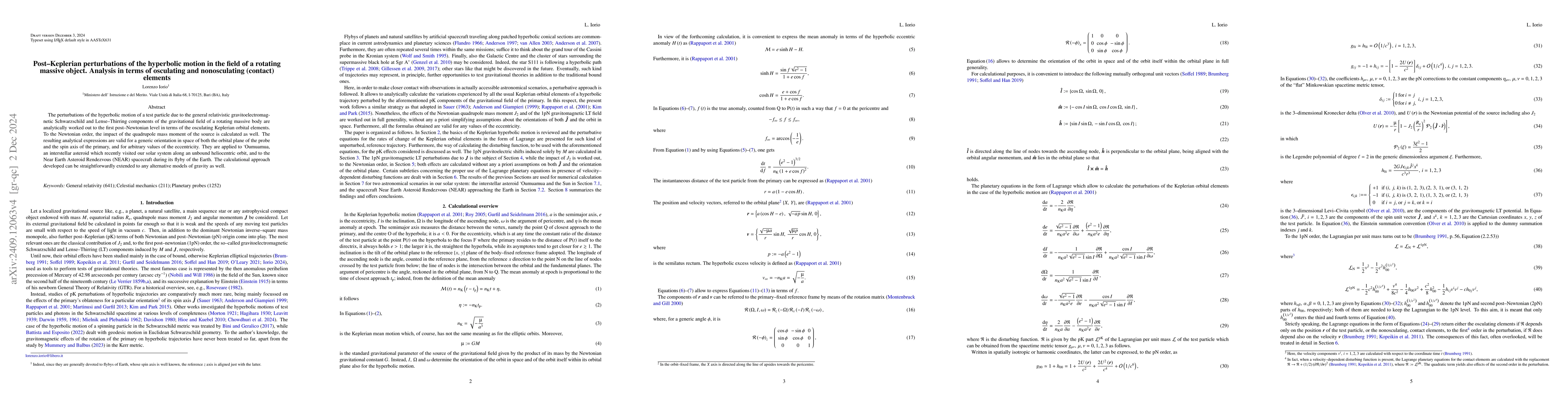 Thumbnail for Post-Keplerian perturbations of the hyperbolic motion in the field of a
  rotating massive object. Analysis in terms of osculating and nonosculating
  (contact) elements