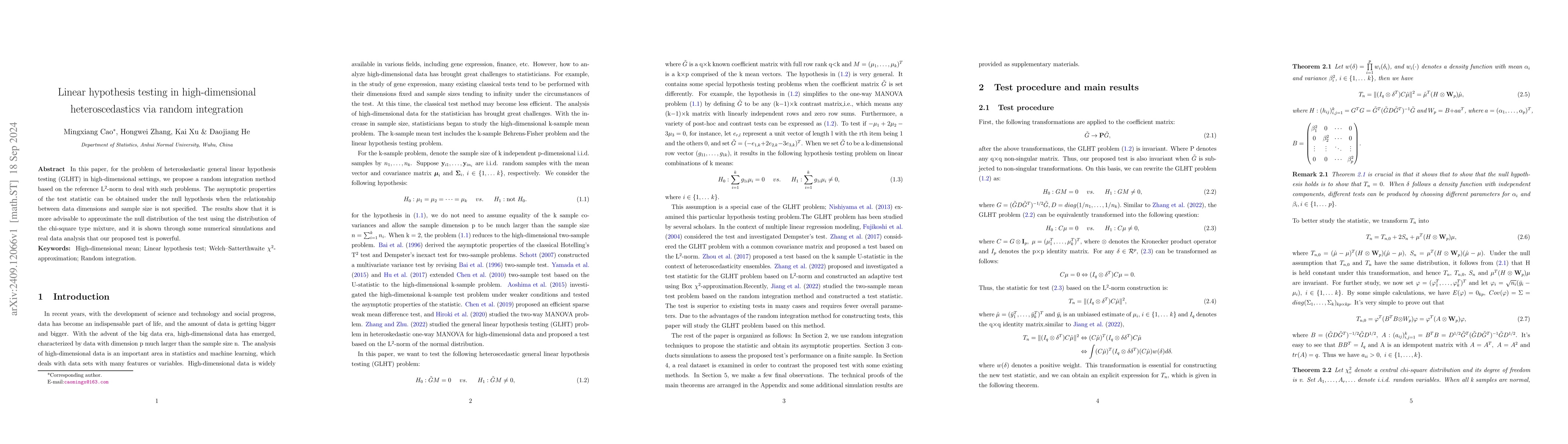 Thumbnail for Linear hypothesis testing in high-dimensional heteroscedastics via
  random integration