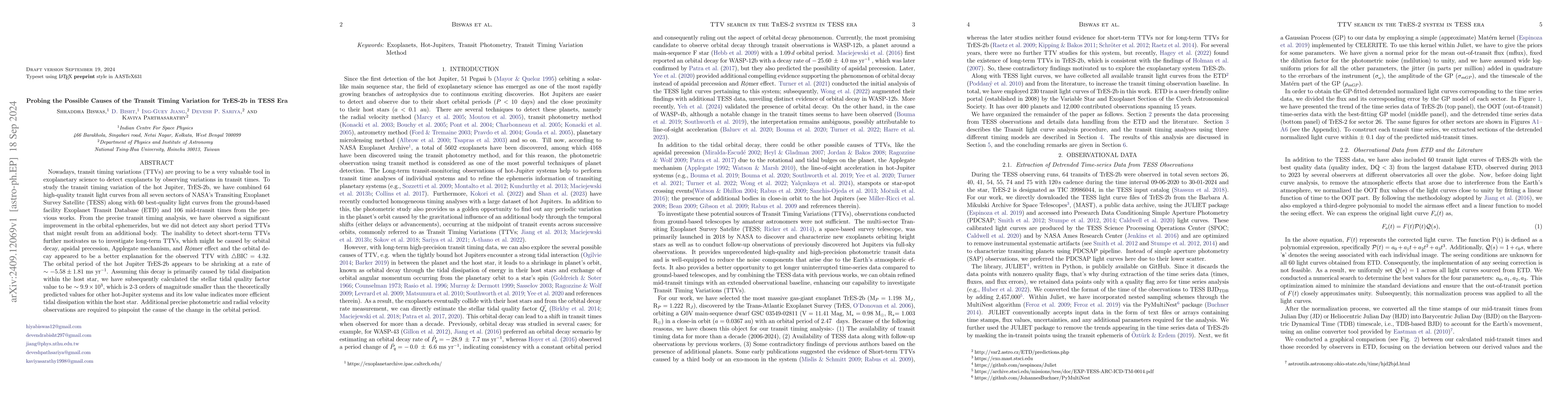 Thumbnail for Probing the Possible Causes of the Transit Timing Variation for TrES-2b
  in TESS Era