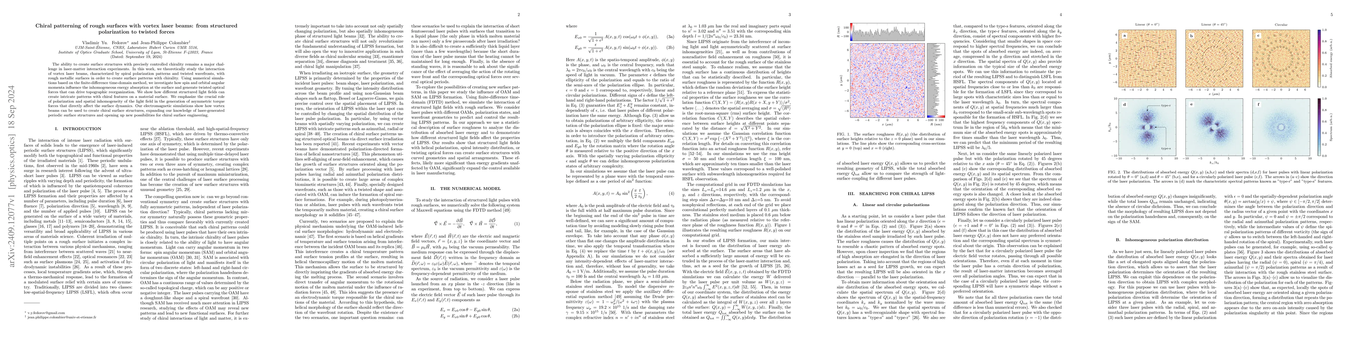Thumbnail for Chiral patterning of rough surfaces with vortex laser beams: from
  structured polarization to twisted forces