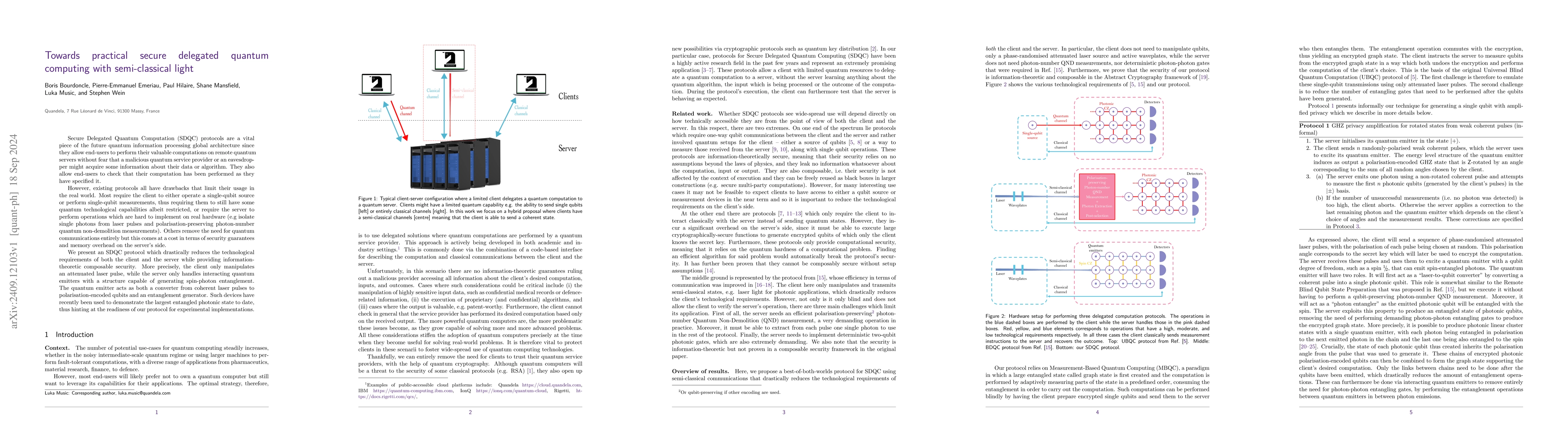 Thumbnail for Towards practical secure delegated quantum computing with semi-classical
  light