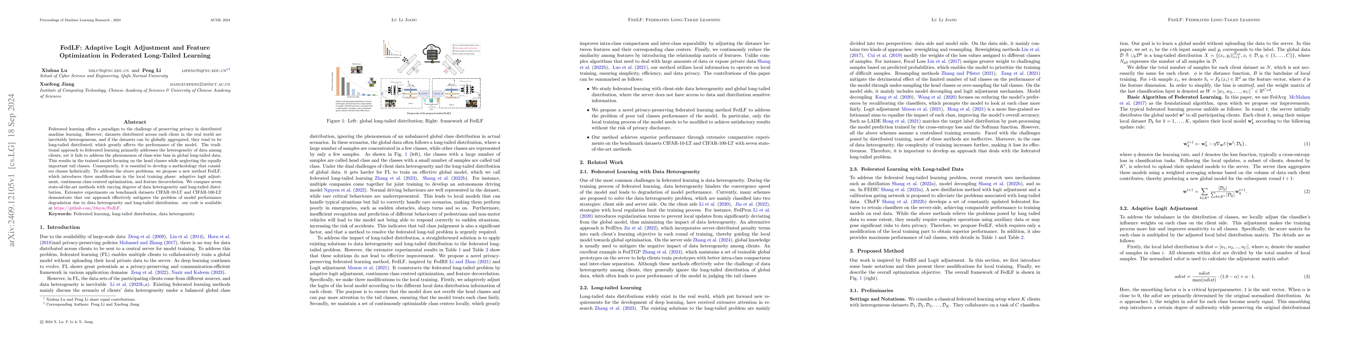 Thumbnail for FedLF: Adaptive Logit Adjustment and Feature Optimization in Federated
  Long-Tailed Learning