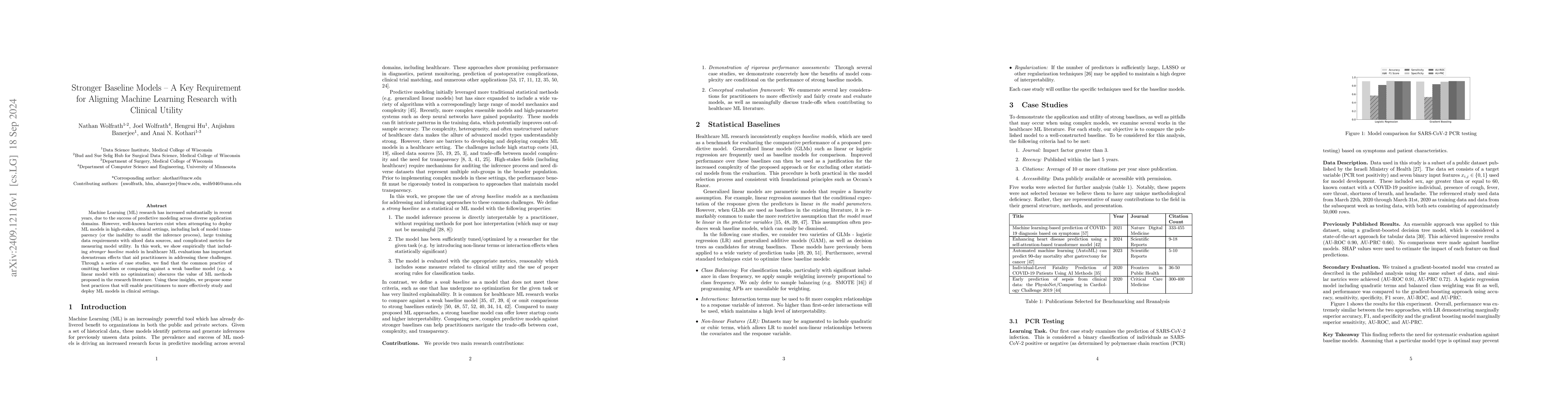 Thumbnail for Stronger Baseline Models -- A Key Requirement for Aligning Machine
  Learning Research with Clinical Utility