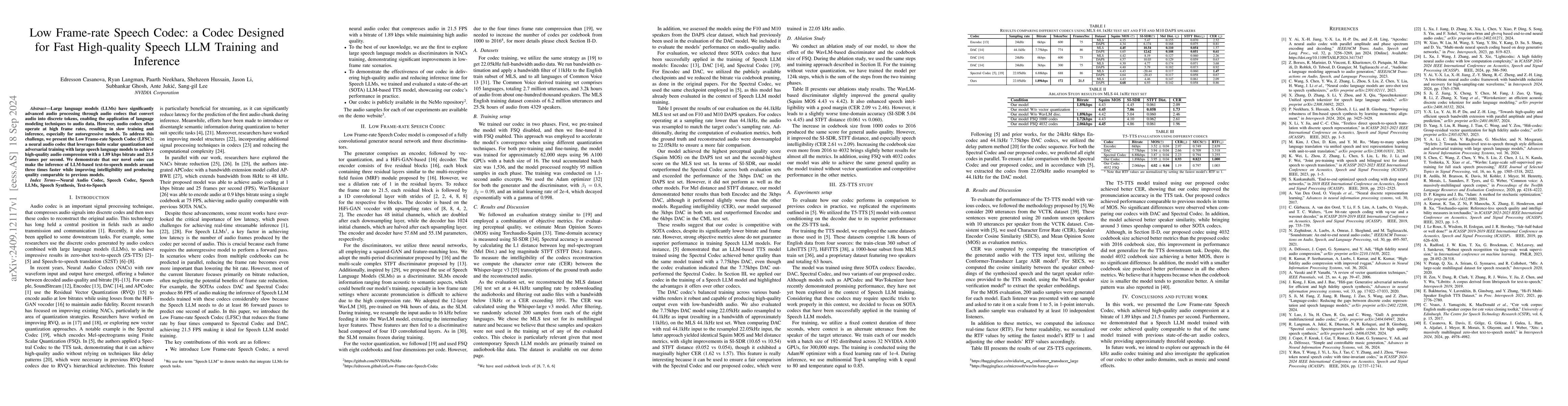 Thumbnail for Low Frame-rate Speech Codec: a Codec Designed for Fast High-quality
  Speech LLM Training and Inference