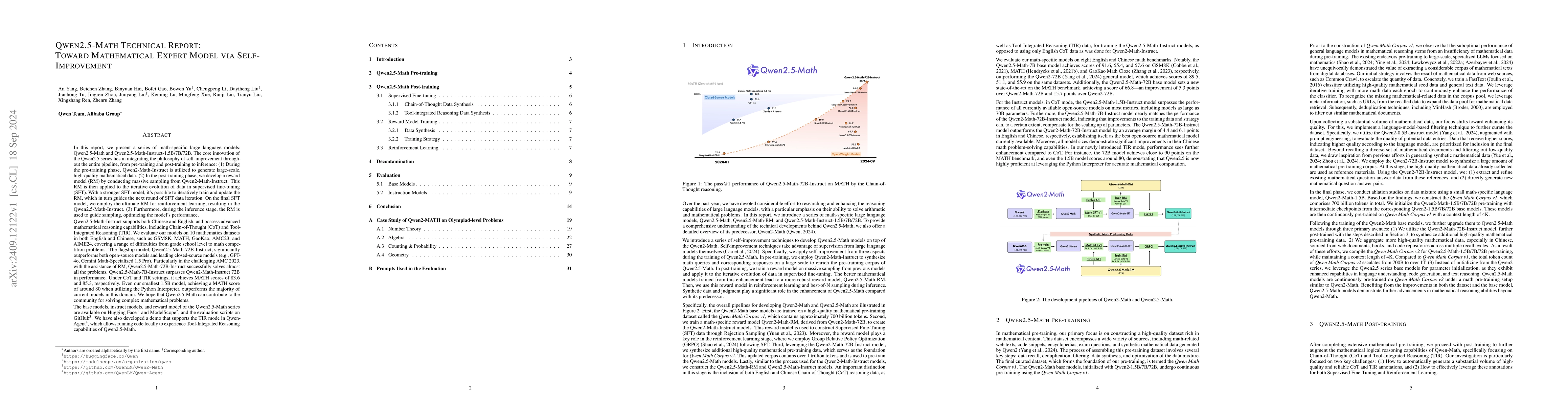Thumbnail for Qwen2.5-Math Technical Report: Toward Mathematical Expert Model via
  Self-Improvement