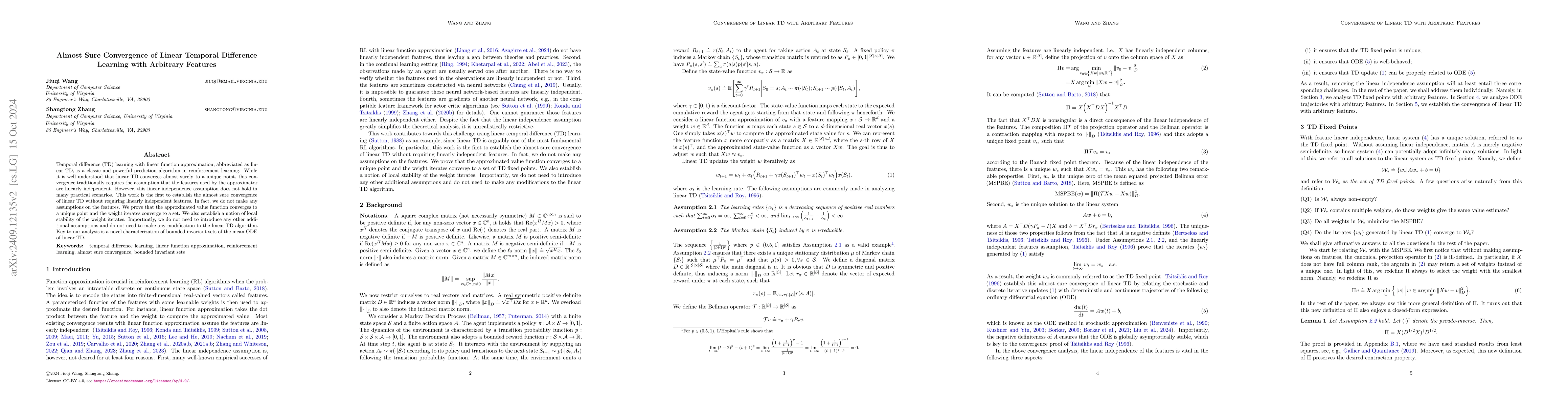 Thumbnail for Almost Sure Convergence of Linear Temporal Difference Learning with
  Arbitrary Features
