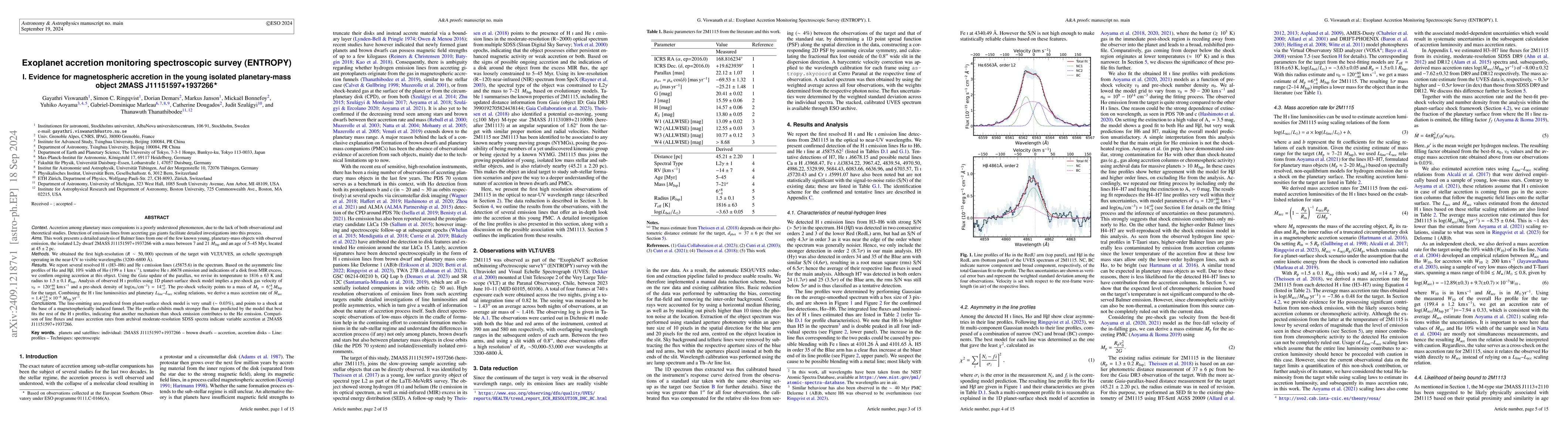 Thumbnail for Exoplanet accretion monitoring spectroscopic survey (ENTROPY) I.
  Evidence for magnetospheric accretion in the young isolated planetary-mass
  object 2MASS J11151597+1937266