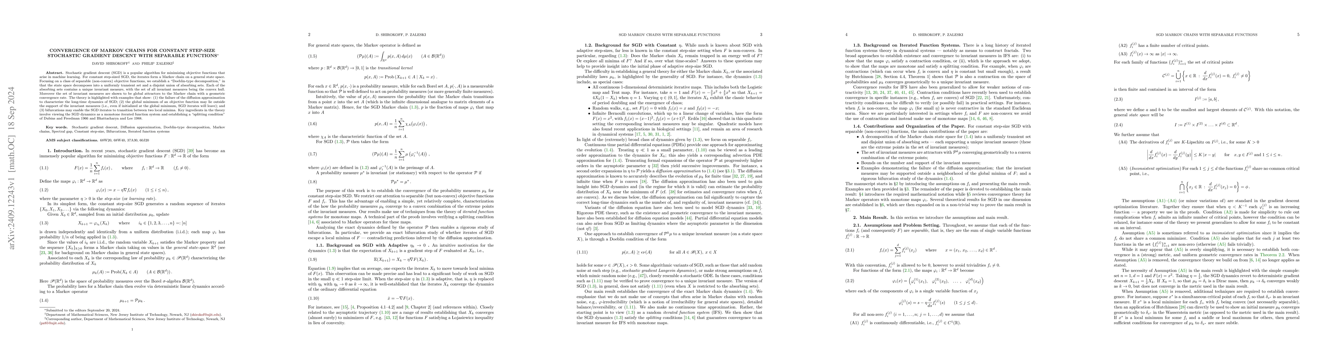 Thumbnail for Convergence of Markov Chains for Constant Step-size Stochastic Gradient
  Descent with Separable Functions