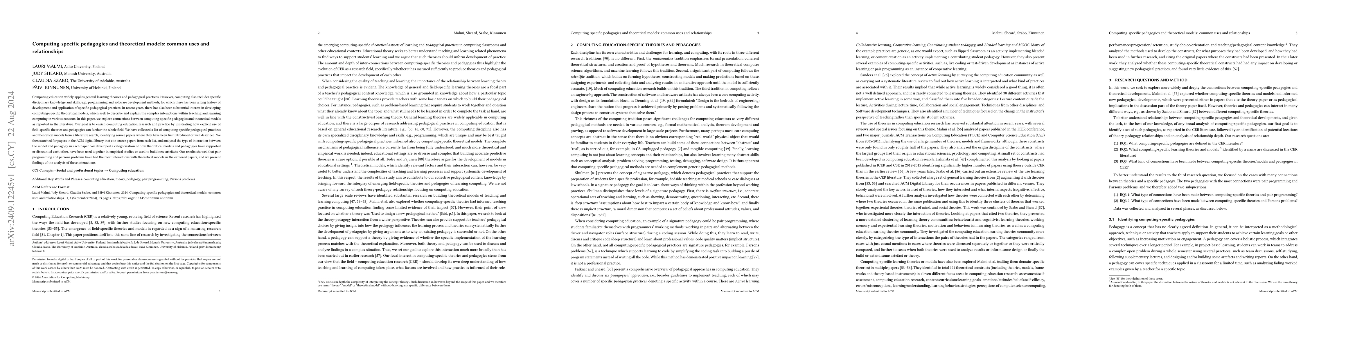 Thumbnail for Computing-specific pedagogies and theoretical models: common uses and
  relationships