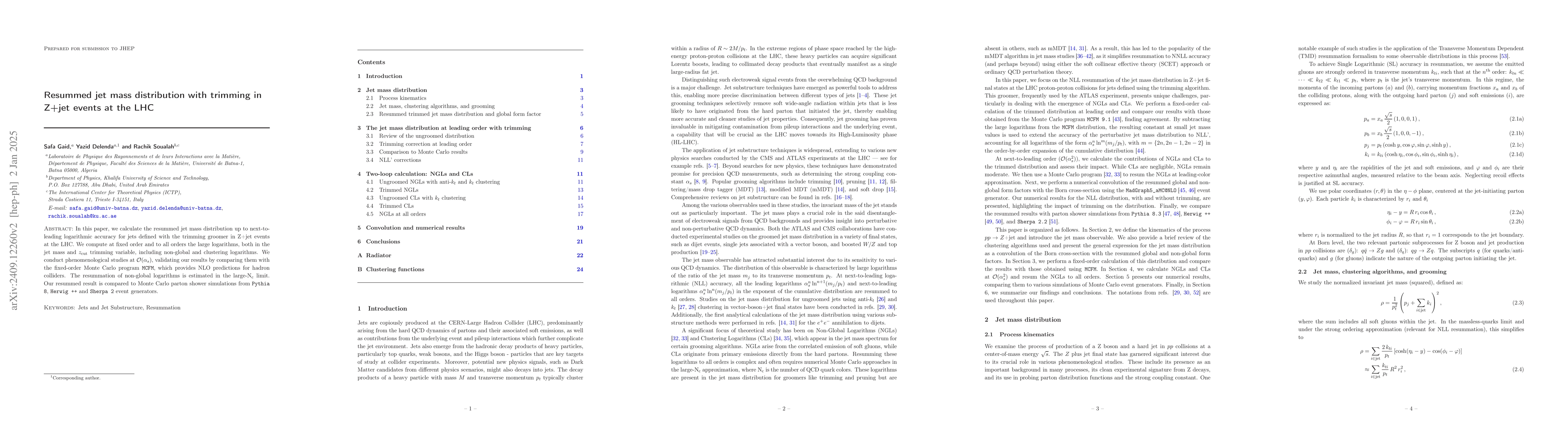 Thumbnail for Resummed jet mass distribution with trimming in Z+jet events at the LHC