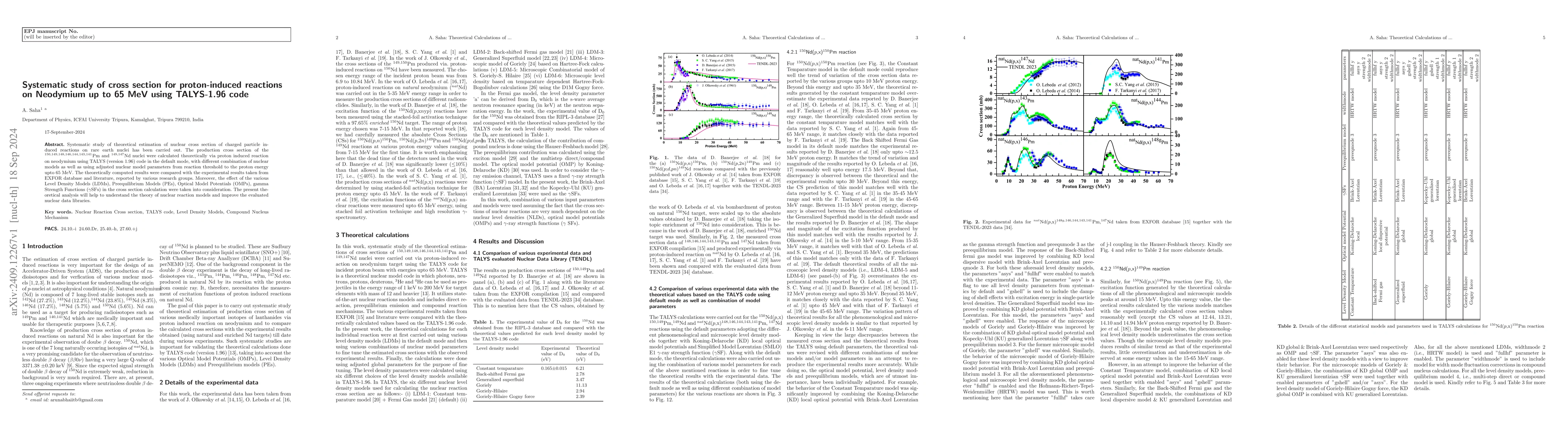 Thumbnail for Systematic study of cross section for proton-induced reactions on
  Neodymium up to 65 MeV using TALYS-1.96 code