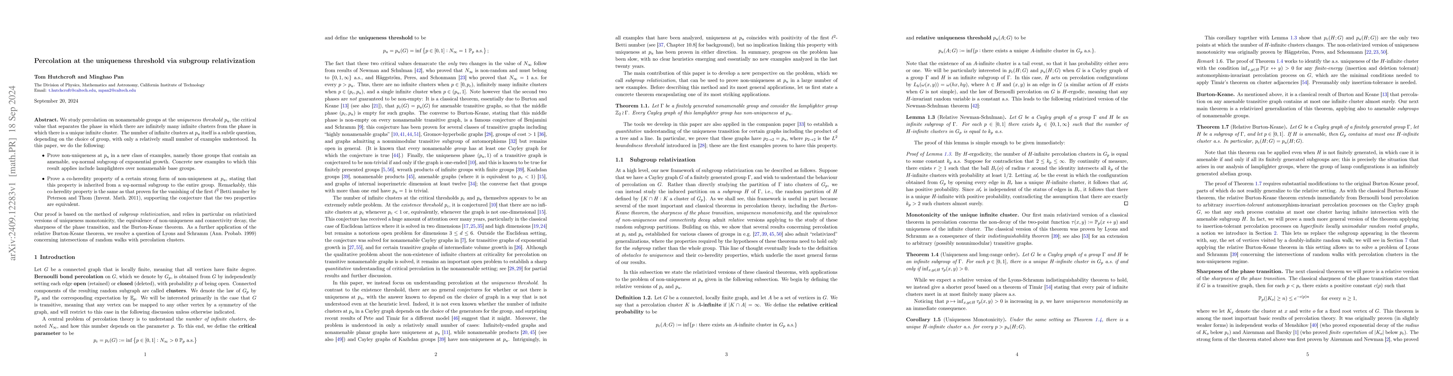 Thumbnail for Percolation at the uniqueness threshold via subgroup relativization