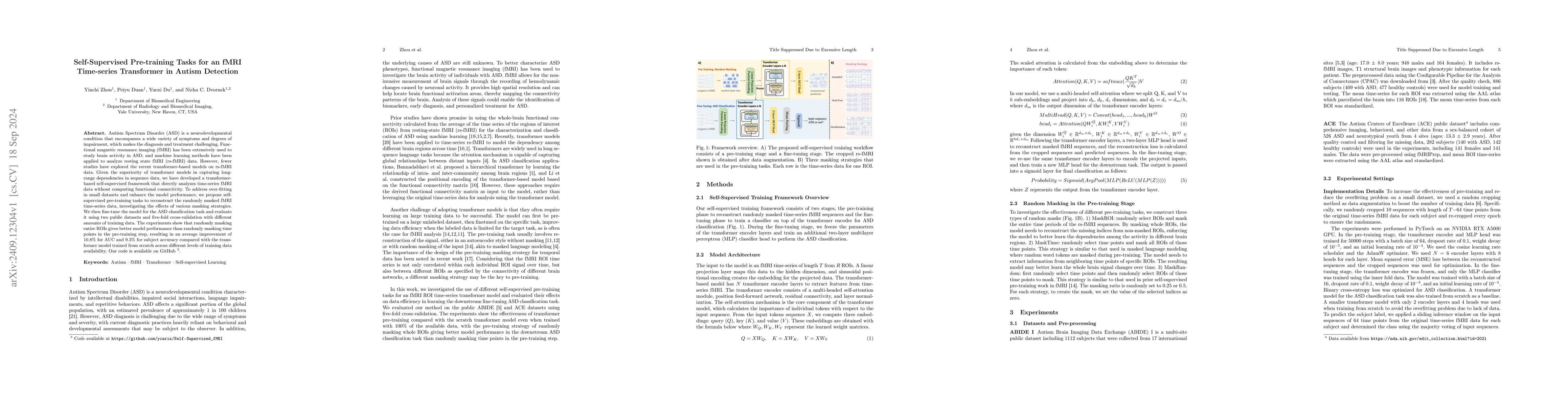 Thumbnail for Self-Supervised Pre-training Tasks for an fMRI Time-series Transformer
  in Autism Detection