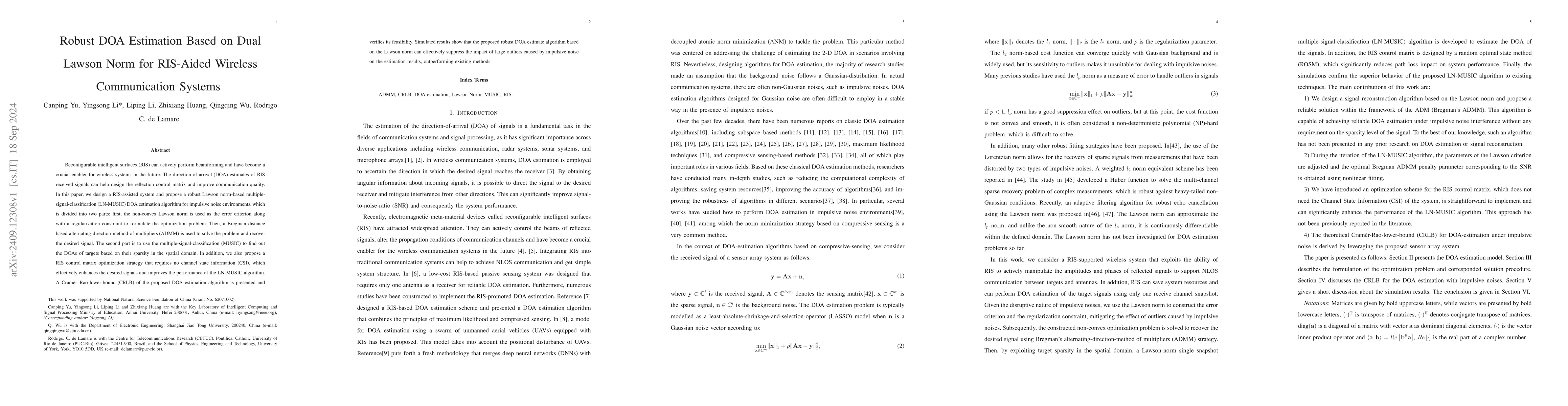 Thumbnail for Robust DOA Estimation Based on Dual Lawson Norm for RIS-Aided Wireless
  Communication Systems
