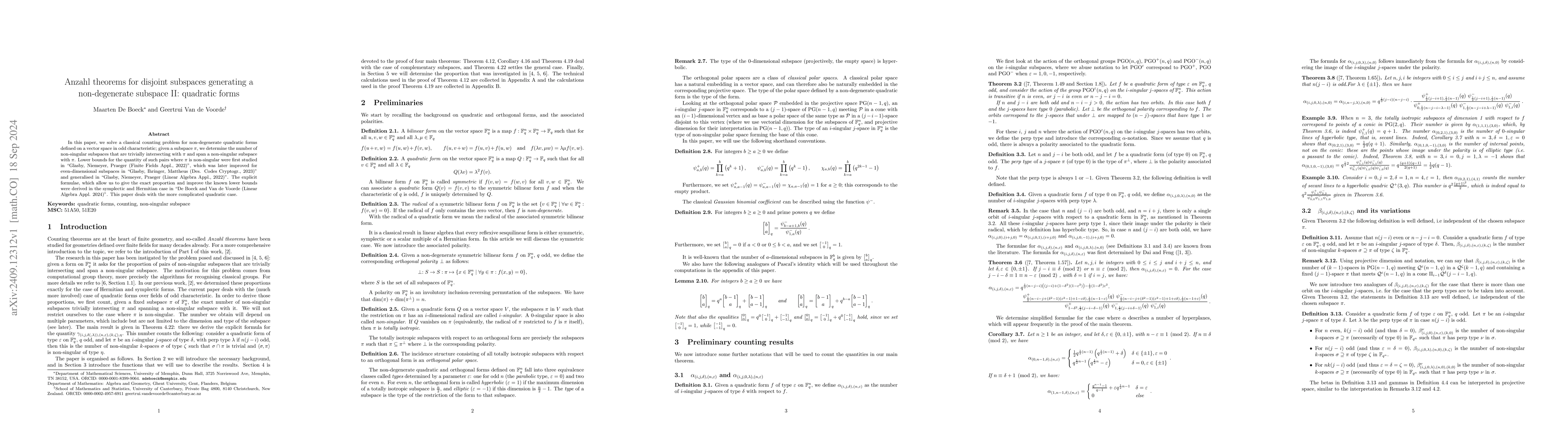 Thumbnail for Anzahl theorems for disjoint subspaces generating a non-degenerate
  subspace II: quadratic forms