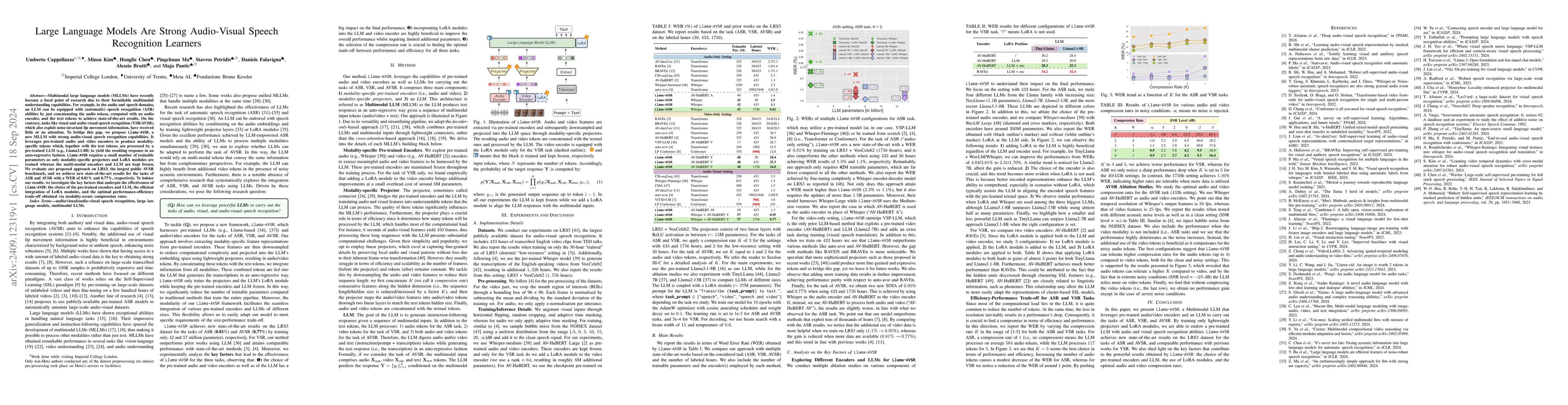 Thumbnail for Large Language Models Are Strong Audio-Visual Speech Recognition
  Learners