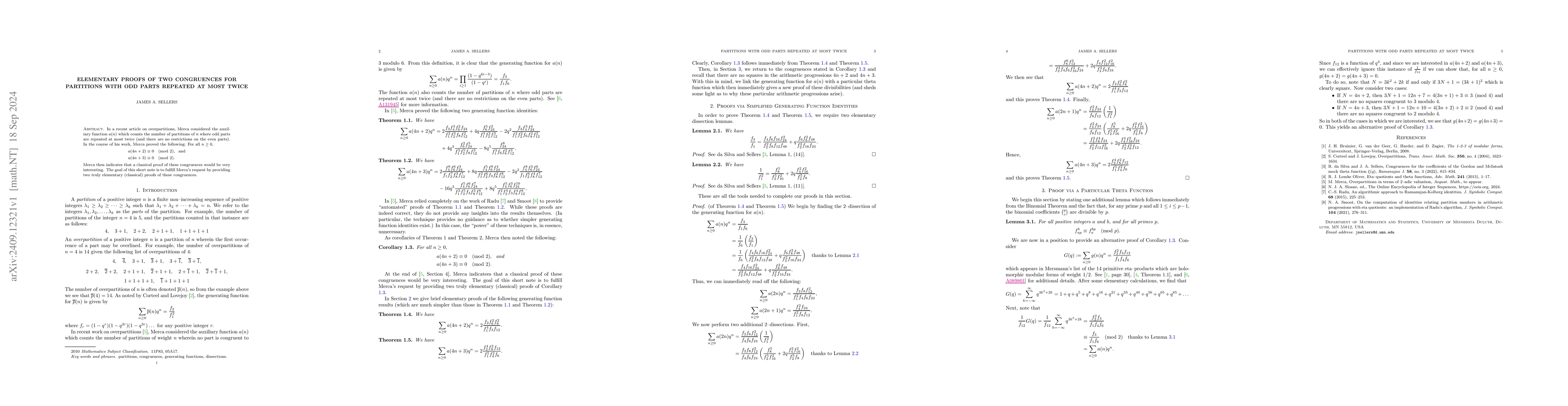 Thumbnail for Elementary Proofs of Two Congruences for Partitions with Odd Parts
  Repeated at Most Twice