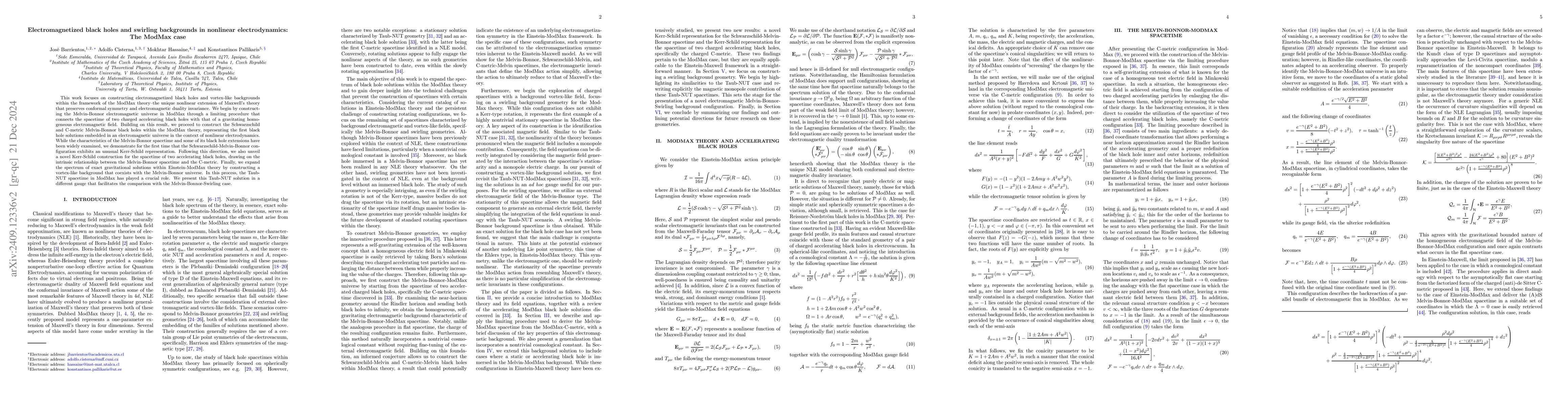 Thumbnail for Electromagnetized Black Holes and Swirling Backgrounds in Nonlinear
  Electrodynamics: The ModMax case