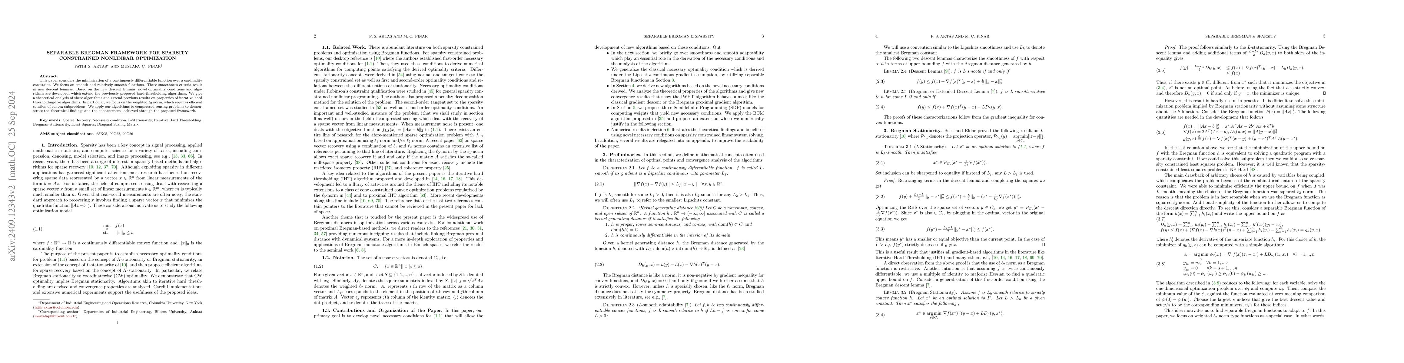 Thumbnail for Separable Bregman Framework for Sparsity Constrained Nonlinear
  Optimization