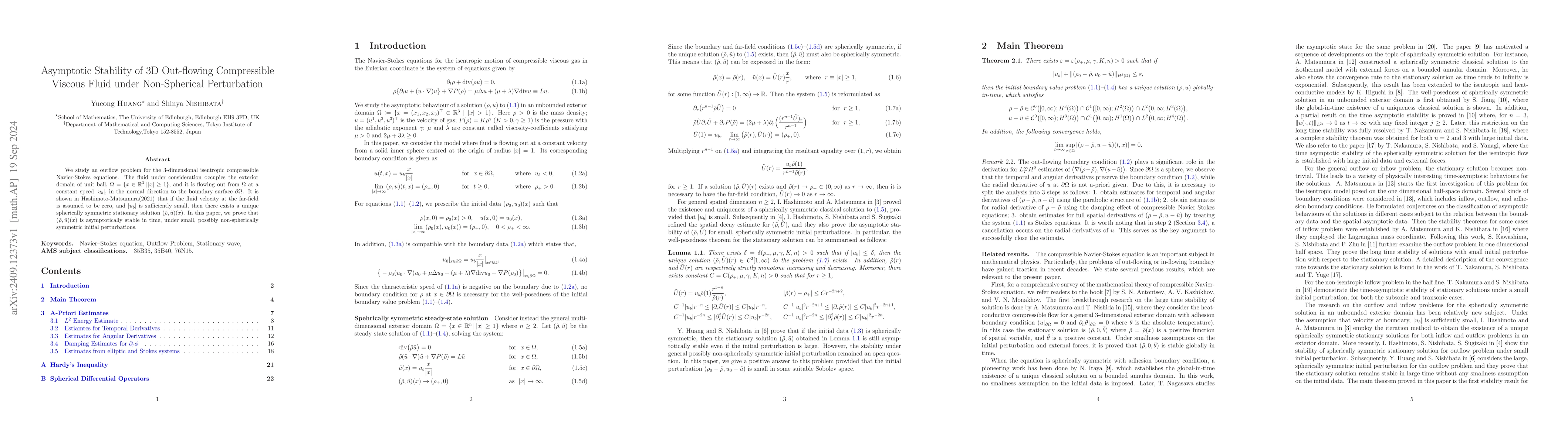 Thumbnail for Asymptotic Stability of 3D Out-flowing Compressible Viscous Fluid under
  Non-Spherical Perturbation