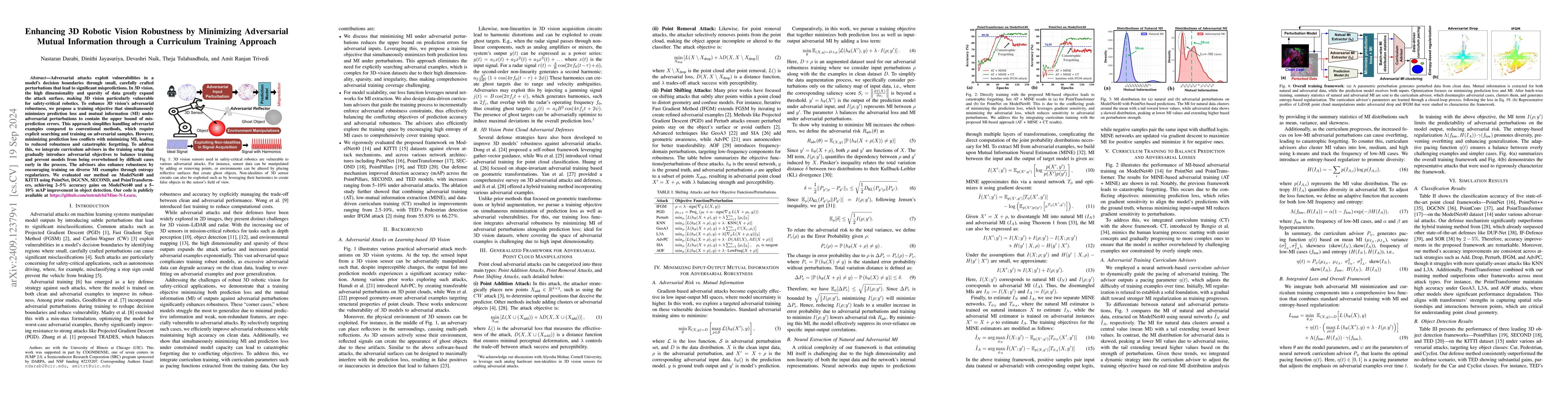Thumbnail for Enhancing 3D Robotic Vision Robustness by Minimizing Adversarial Mutual
  Information through a Curriculum Training Approach