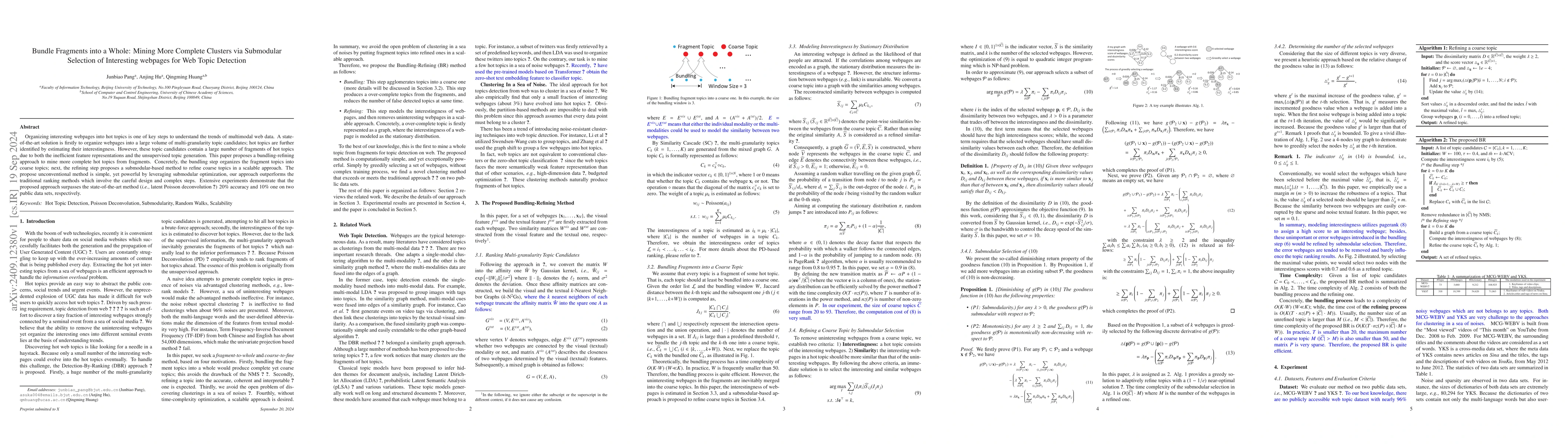 Thumbnail for Bundle Fragments into a Whole: Mining More Complete Clusters via
  Submodular Selection of Interesting webpages for Web Topic Detection