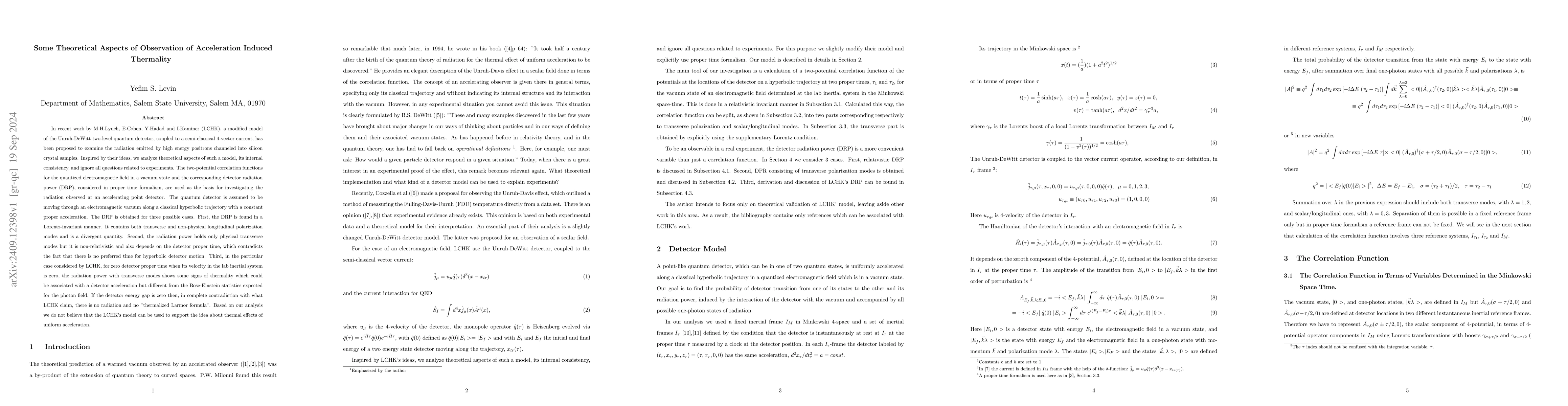Thumbnail for Some Theoretical Aspects of Observation of Acceleration Induced
  Thermality