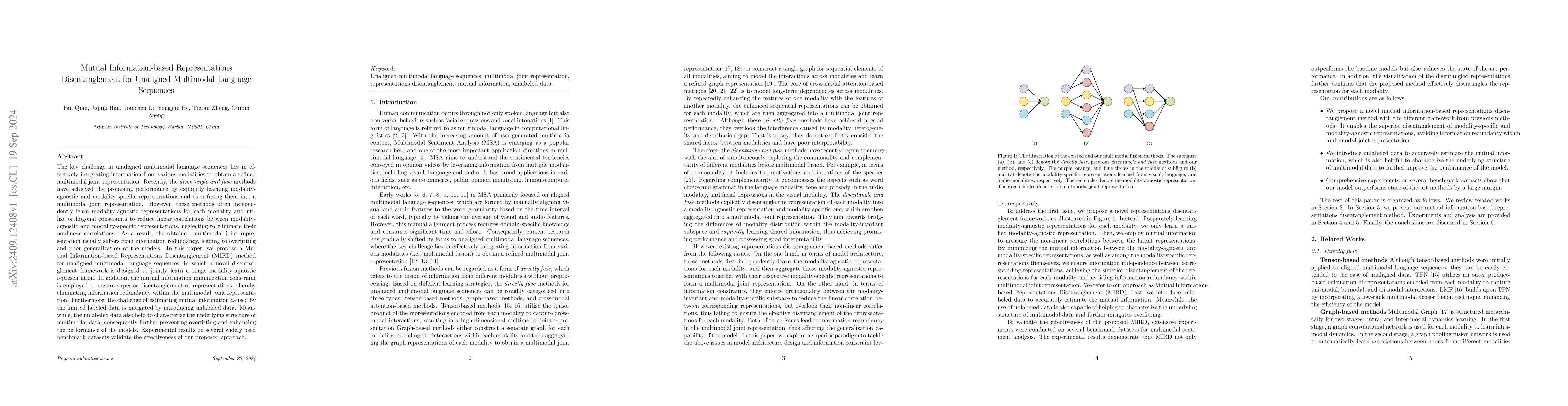 Thumbnail for Mutual Information-based Representations Disentanglement for Unaligned
  Multimodal Language Sequences