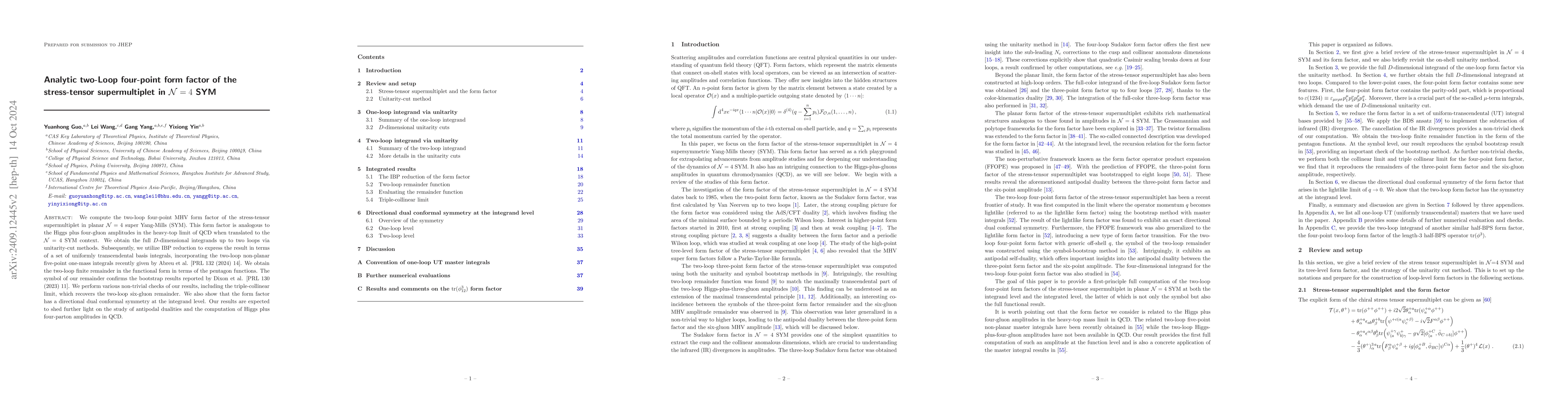 Thumbnail for Analytic two-Loop four-point form factor of the stress-tensor
  supermultiplet in ${\cal N}=4$ SYM
