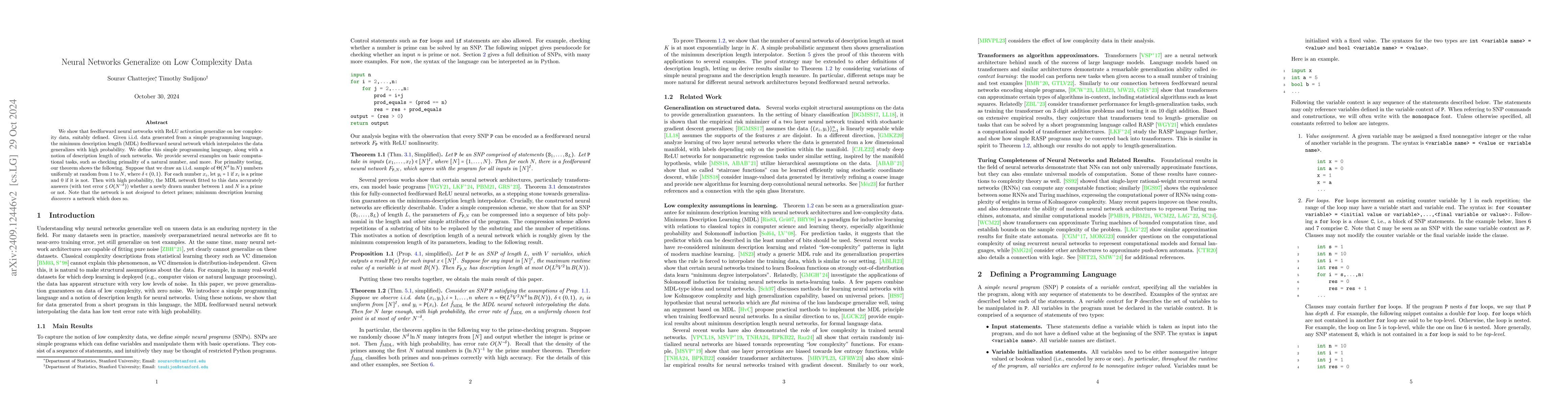 Thumbnail for Neural Networks Generalize on Low Complexity Data