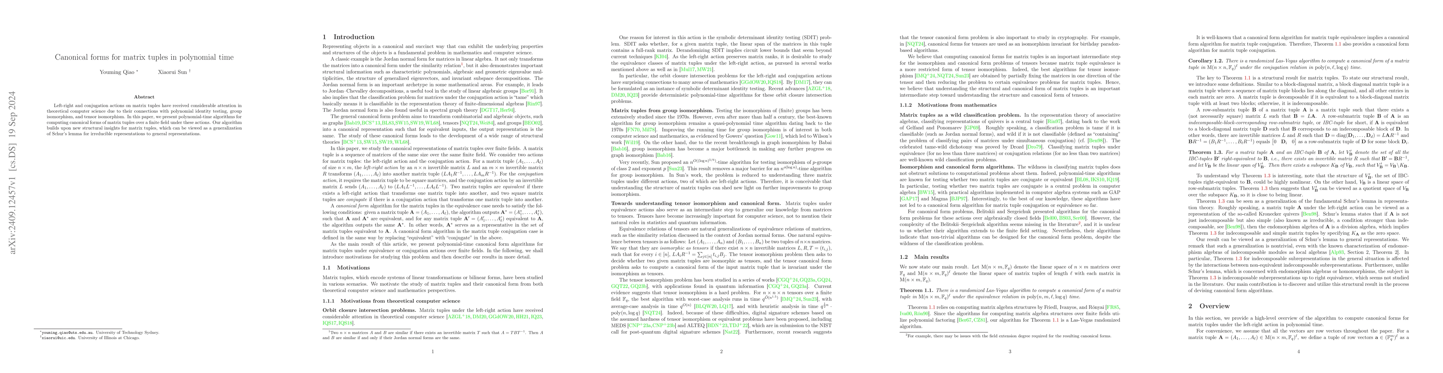 Thumbnail for Canonical forms for matrix tuples in polynomial time