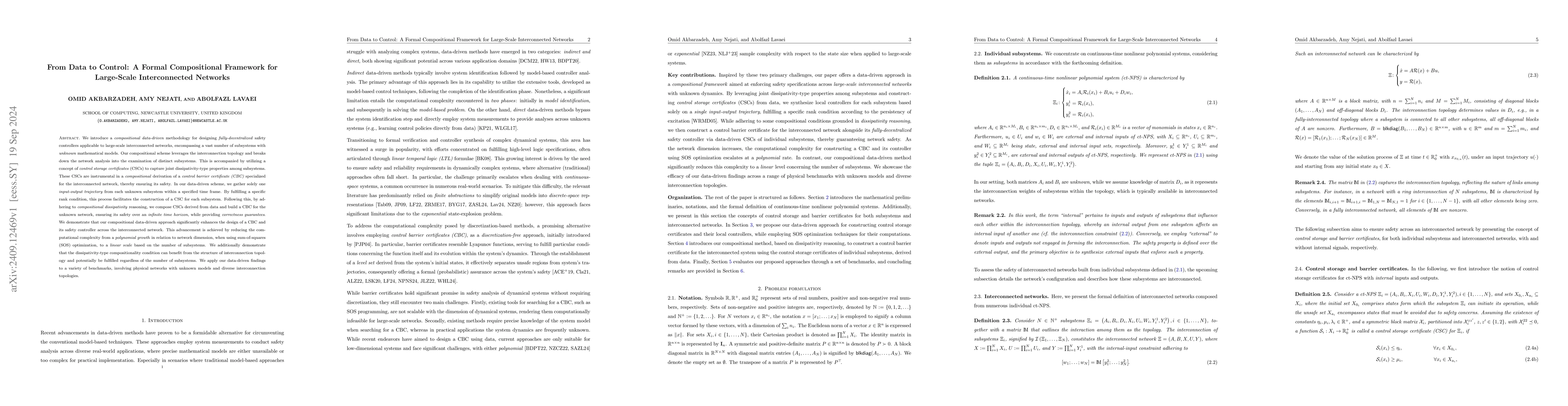Thumbnail for From Data to Control: A Formal Compositional Framework for Large-Scale
  Interconnected Networks
