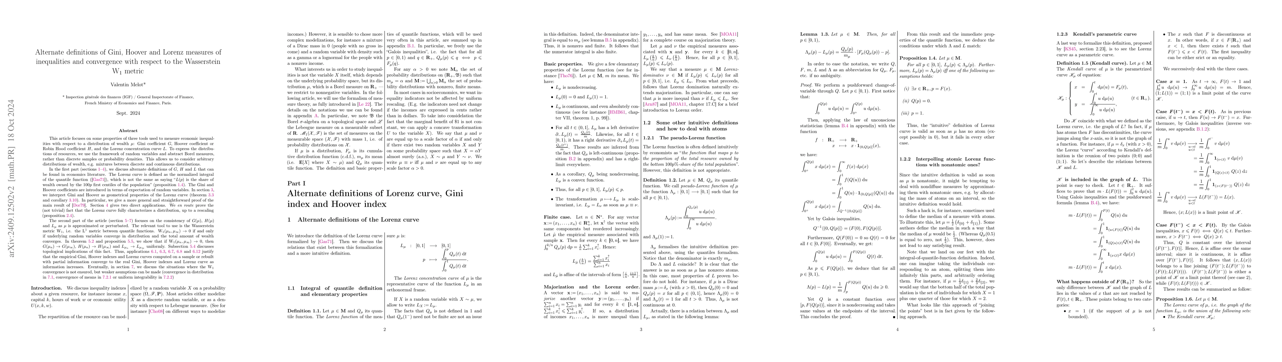 Thumbnail for Alternate definitions of Gini, Hoover and Lorenz measures of
  inequalities and convergence with respect to the Wasserstein W1 metric
