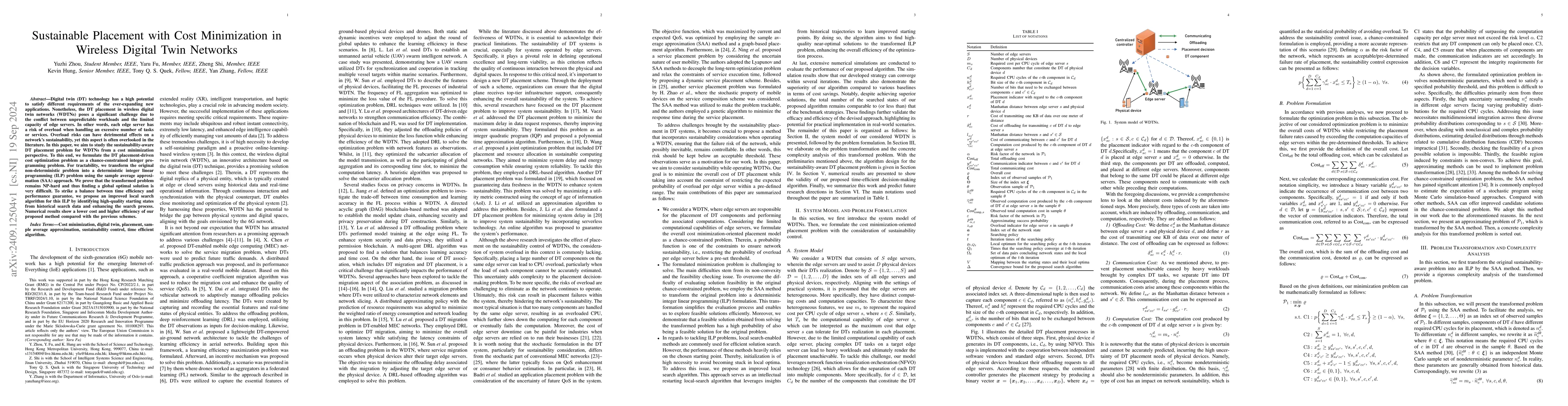 Thumbnail for Sustainable Placement with Cost Minimization in Wireless Digital Twin
  Networks