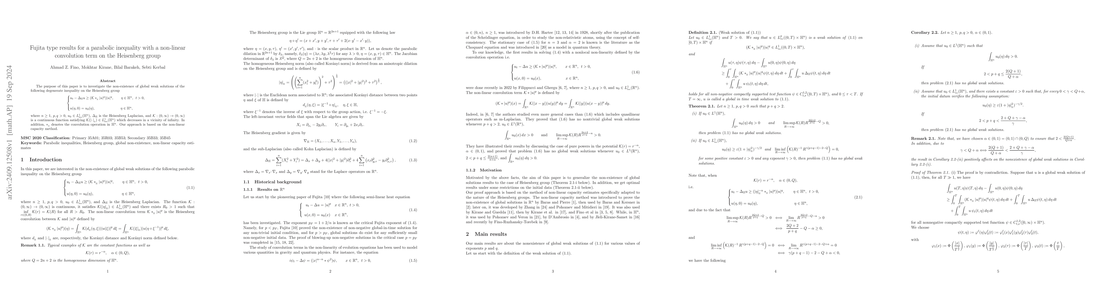 Thumbnail for Fujita type results for a parabolic inequality with a non-linear
  convolution term on the Heisenberg group