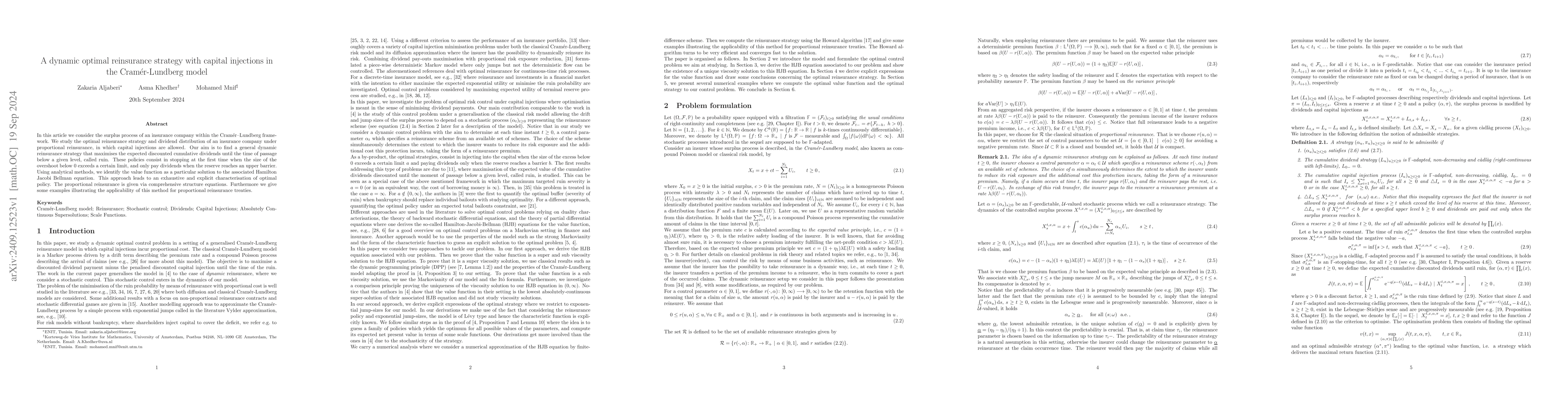 Thumbnail for A dynamic optimal reinsurance strategy with capital injections in the
  Cramer-Lundberg model