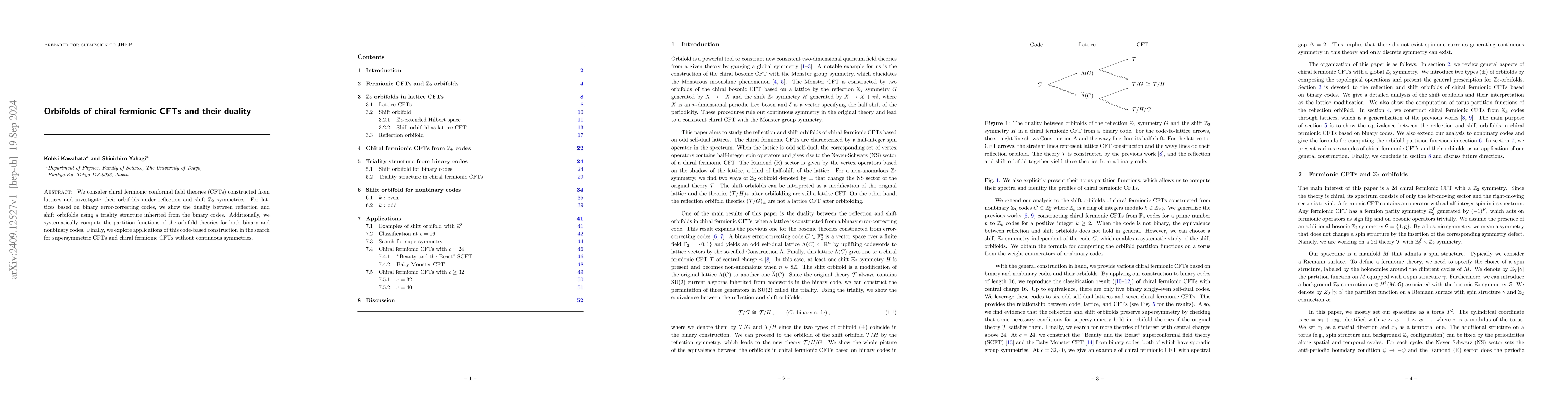 Thumbnail for Orbifolds of chiral fermionic CFTs and their duality