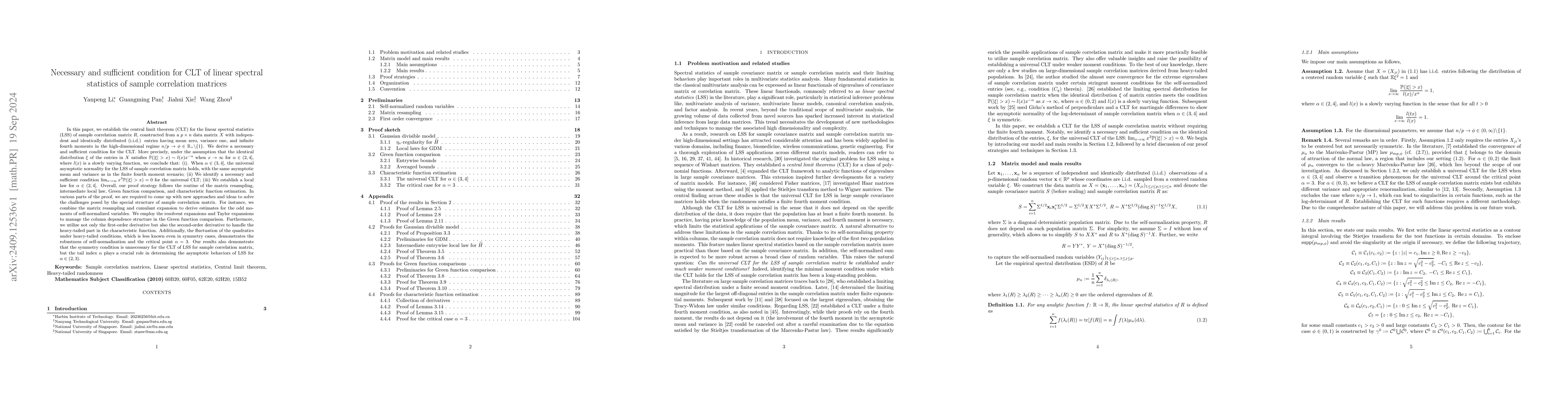 Thumbnail for Necessary and sufficient condition for CLT of linear spectral statistics
  of sample correlation matrices