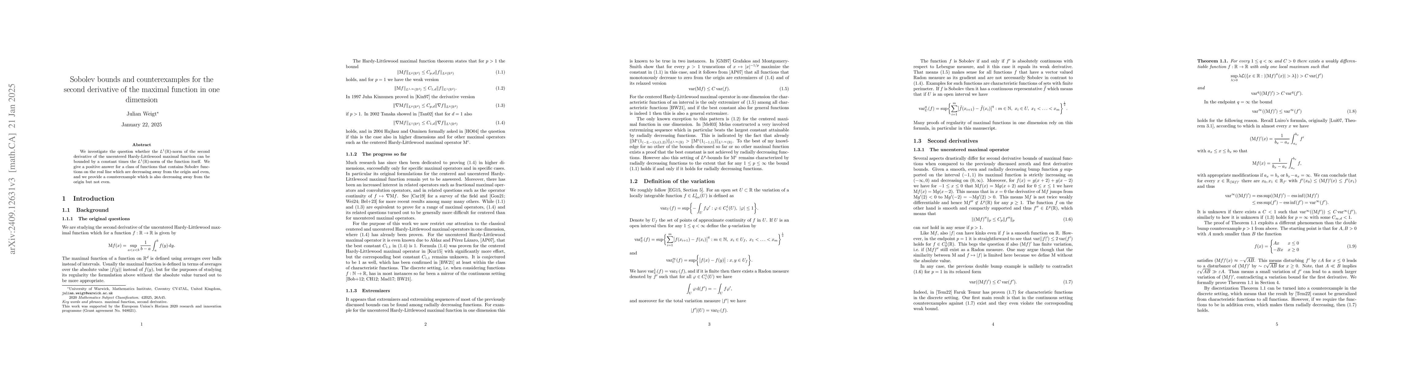 Thumbnail for Sobolev bounds and counterexamples for the second derivative of the
  maximal function in one dimension