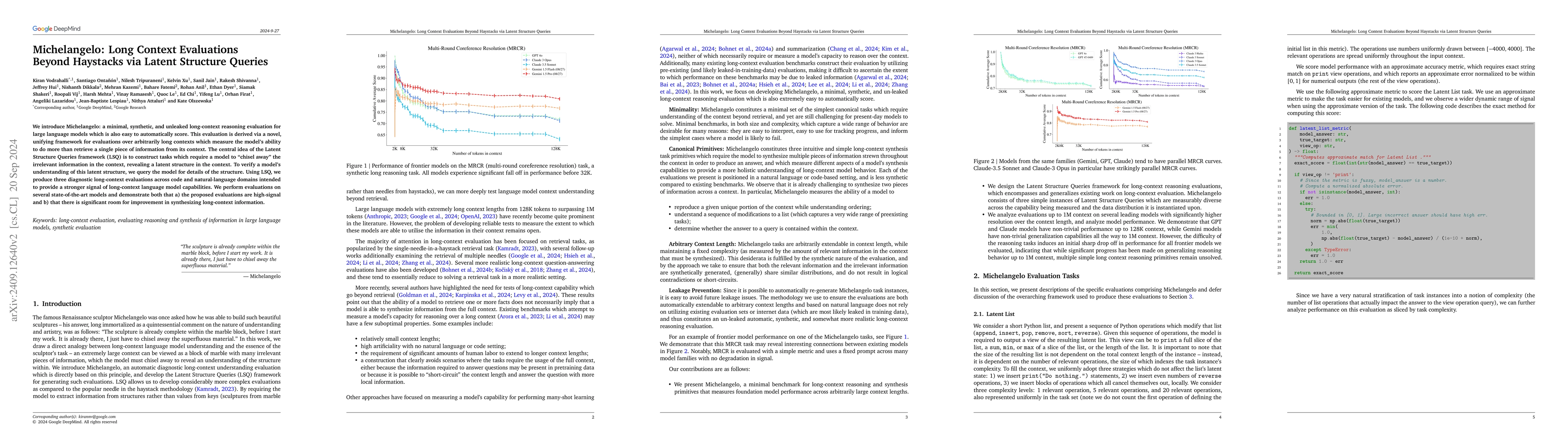 Thumbnail for Michelangelo: Long Context Evaluations Beyond Haystacks via Latent
  Structure Queries