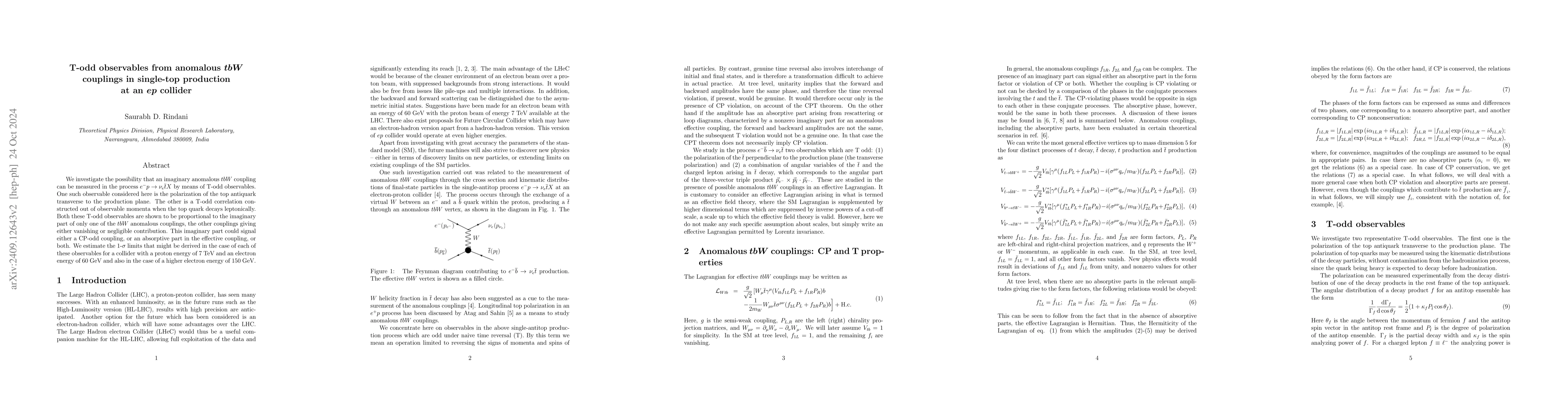 Thumbnail for T-odd observables from anomalous $tbW$ couplings in single-top
  production at an $ep$ collider