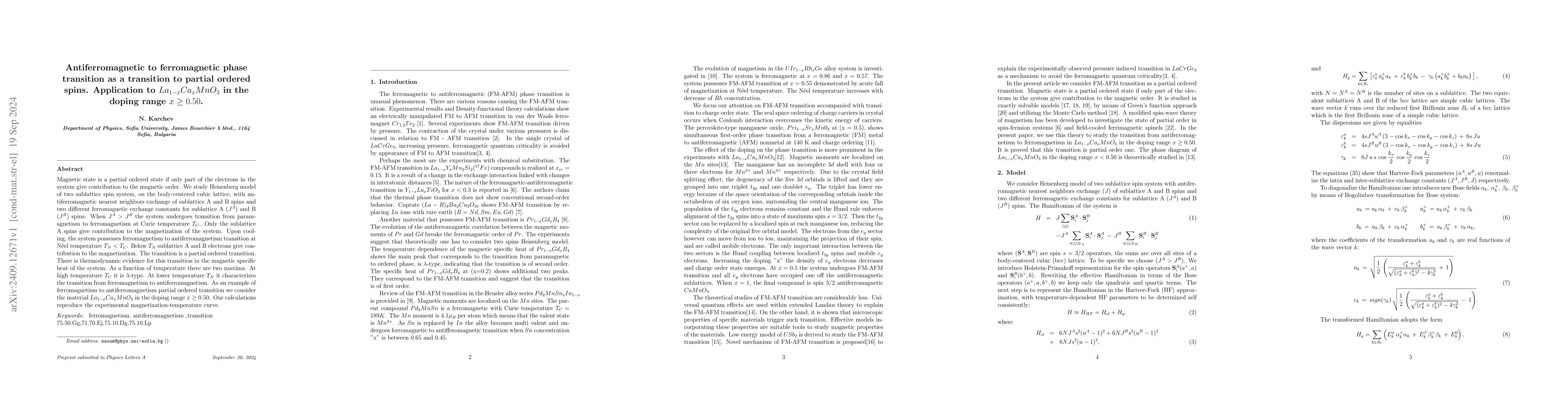 Thumbnail for Antiferromagnetic to ferromagnetic phase transition as a transition to
  partial ordered spins. Application to $La_{1-x}Ca_xMnO_3$ in the doping range
  $x\geq 0.50$